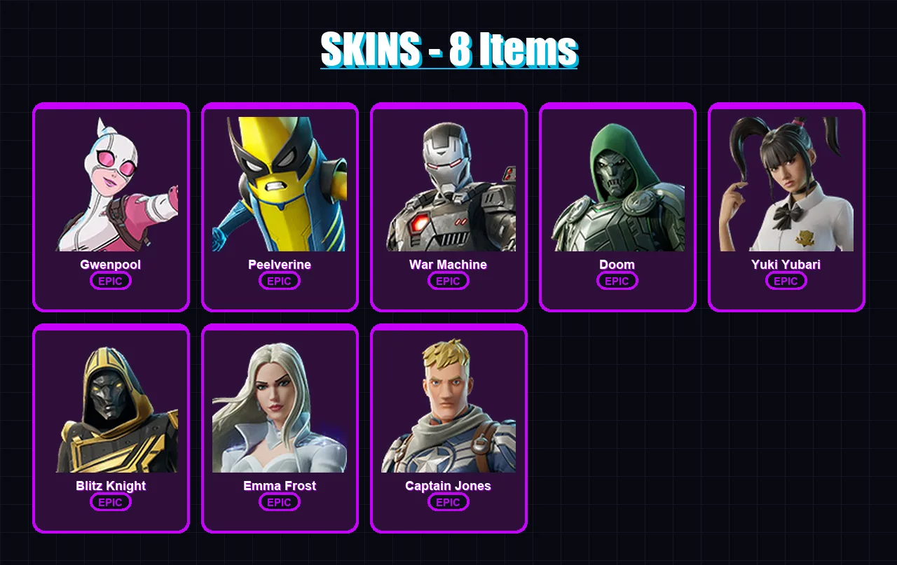 [PC/XBOX] | Gwenpool | Peelverine | War Machine | Doom | Yuki Yubari | 8 skin | 27 pickaxe | 13 emote | 15 glider | Lv197