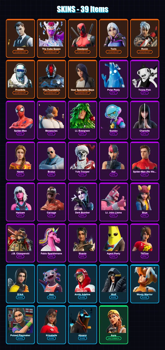 [SWITCH/XBOX/PSN/PC] | Midas | The Cube Queen | Deadpool | Torin | Ronin | 39 skin | 52 pickaxe | 51 emote | 54 glider | Lv1076