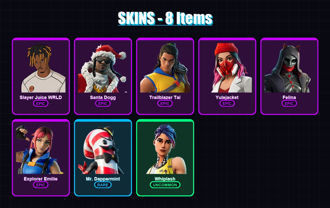 [PC/XBOX] | Slayer Juice WRLD | Santa Dogg | Trailblazer Tai | Yulejacket | Felina | 8 skin | 35 pickaxe | 21 emote | 23 glider | Lv434
