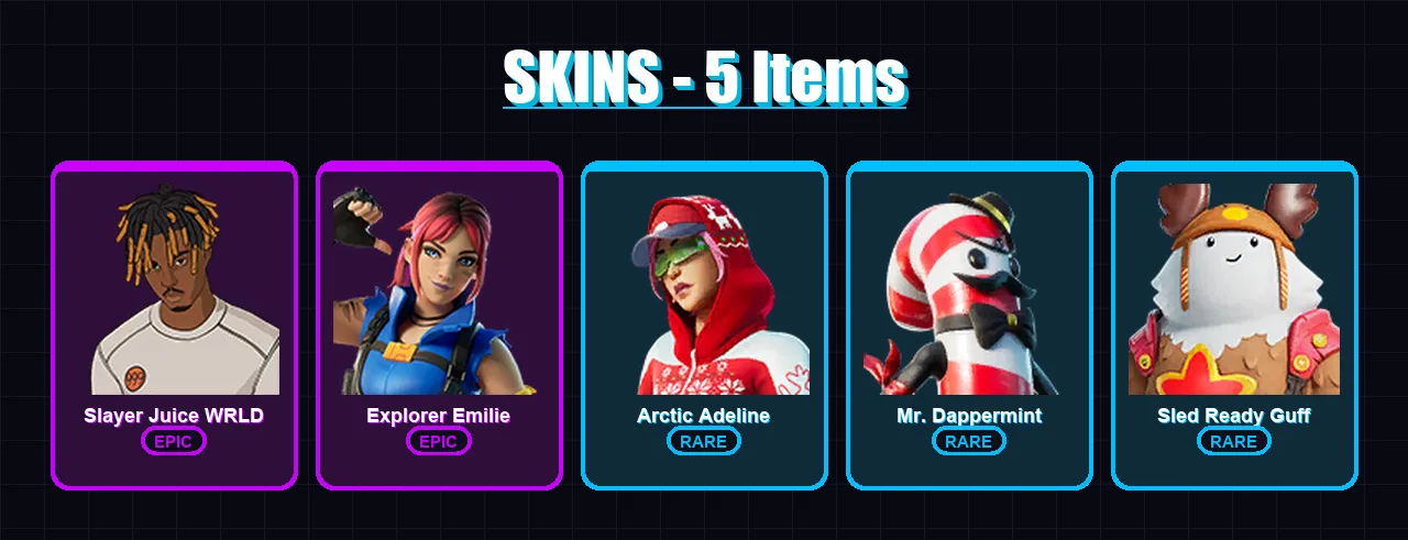 [PC/PSN] | Slayer Juice WRLD | Explorer Emilie | Arctic Adeline | Mr. Dappermint | Sled Ready Guff | 5 skin | 10 pickaxe | 6 emote | 10 glider | Lv8