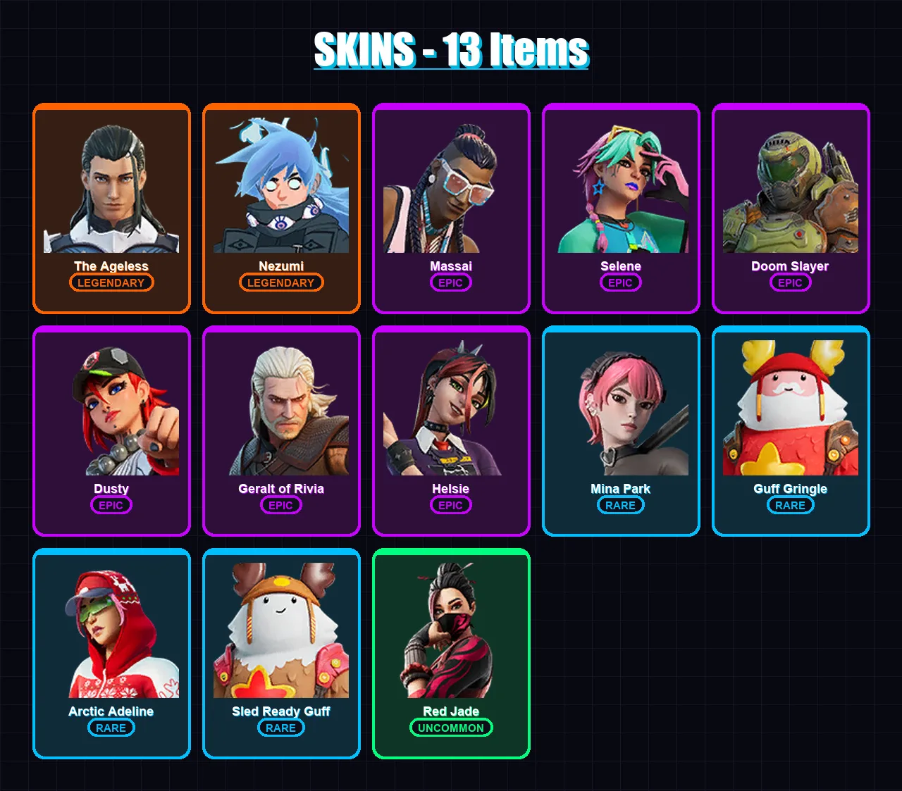 [PC/XBOX/PSN] | The Ageless | Nezumi | Massai | Selene | Doom Slayer | 13 skin | 22 pickaxe | 15 emote | 23 glider | Lv261