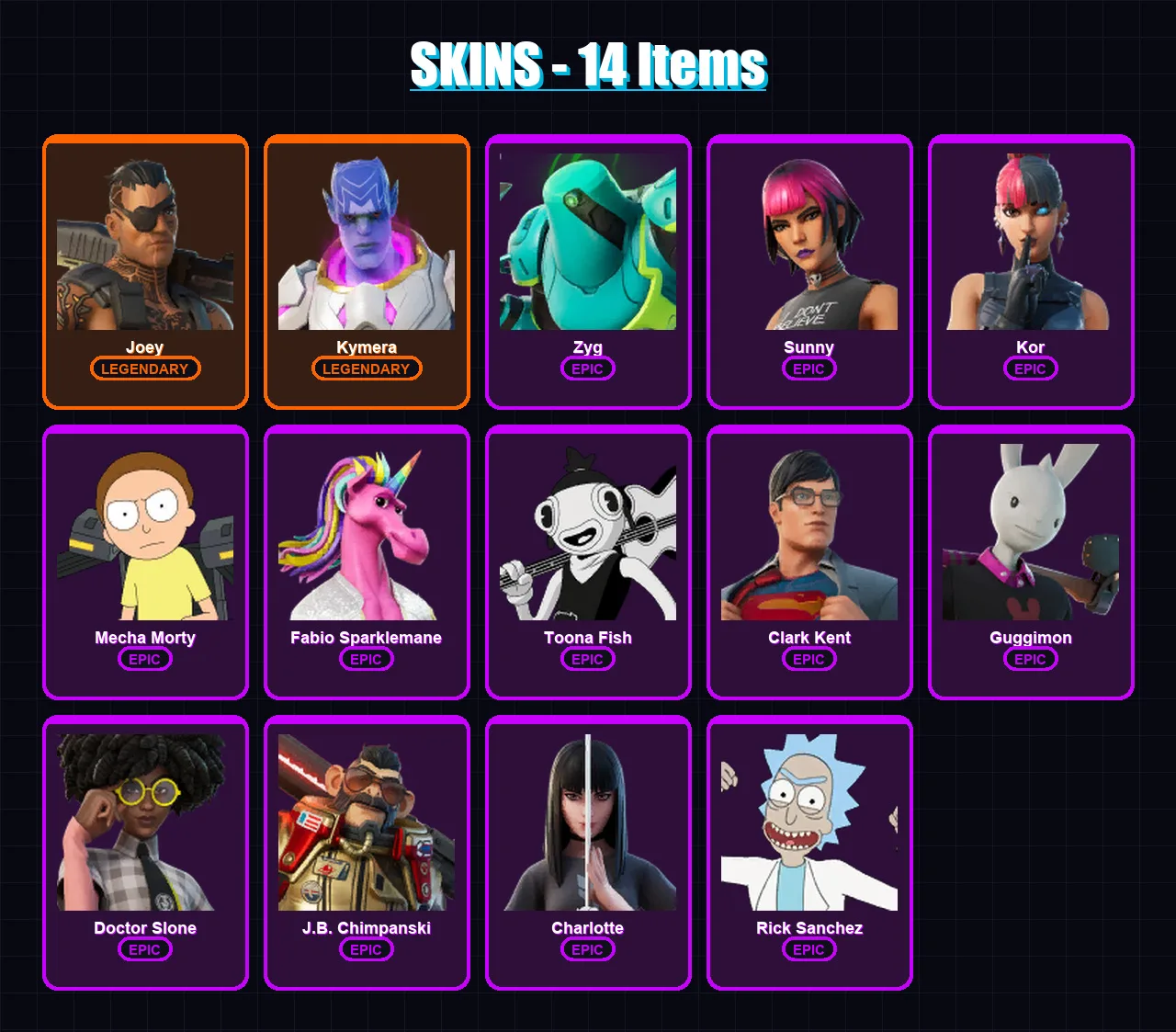 [PC/XBOX/PSN] | Joey | Kymera | Zyg | Sunny | Kor | 14 skin | 19 pickaxe | 24 emote | 21 glider | Lv283