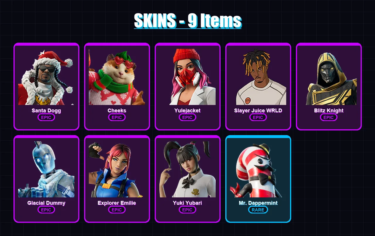 [PS4/PS5/XBOX/PC] | Santa Dogg | Cheeks | Yulejacket | Slayer Juice WRLD | Blitz Knight | 9 skin | 37 pickaxe | 10 emote | 17 glider | Lv222