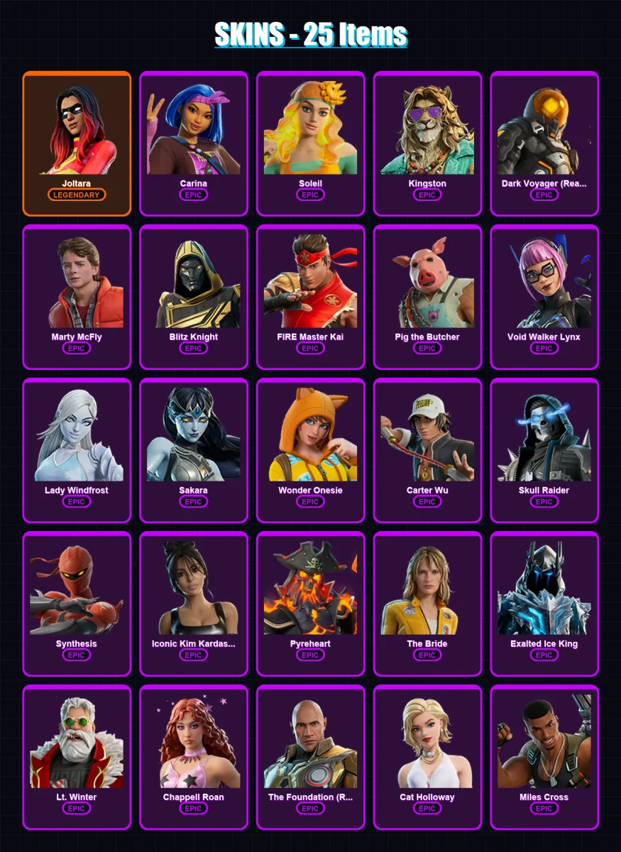 [PC/PSN] | Joltara | Carina | Soleil | Kingston | Dark Voyager (Reality Redacted) | 25 skin | 58 pickaxe | 23 emote | 35 glider | Lv372