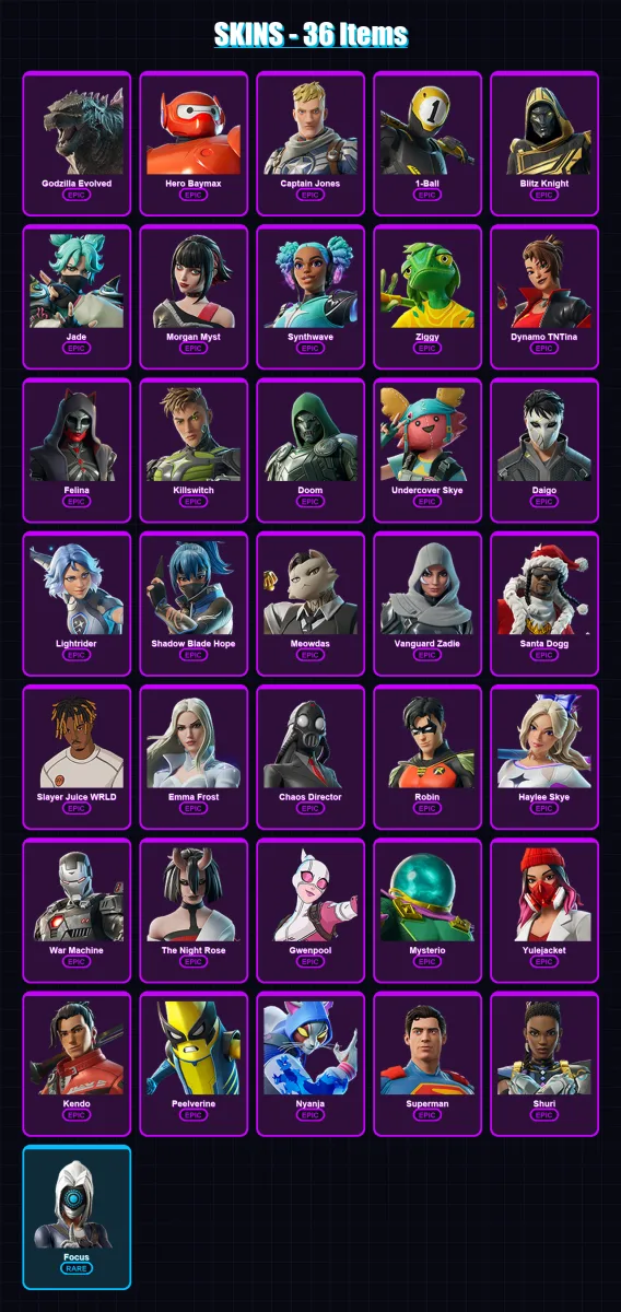 [PC/XBOX/PSN] | Godzilla Evolved | Hero Baymax | Captain Jones | 1-Ball | Blitz Knight | 36 skin | 79 pickaxe | 52 emote | 56 glider | Lv1178 — Fortnite account