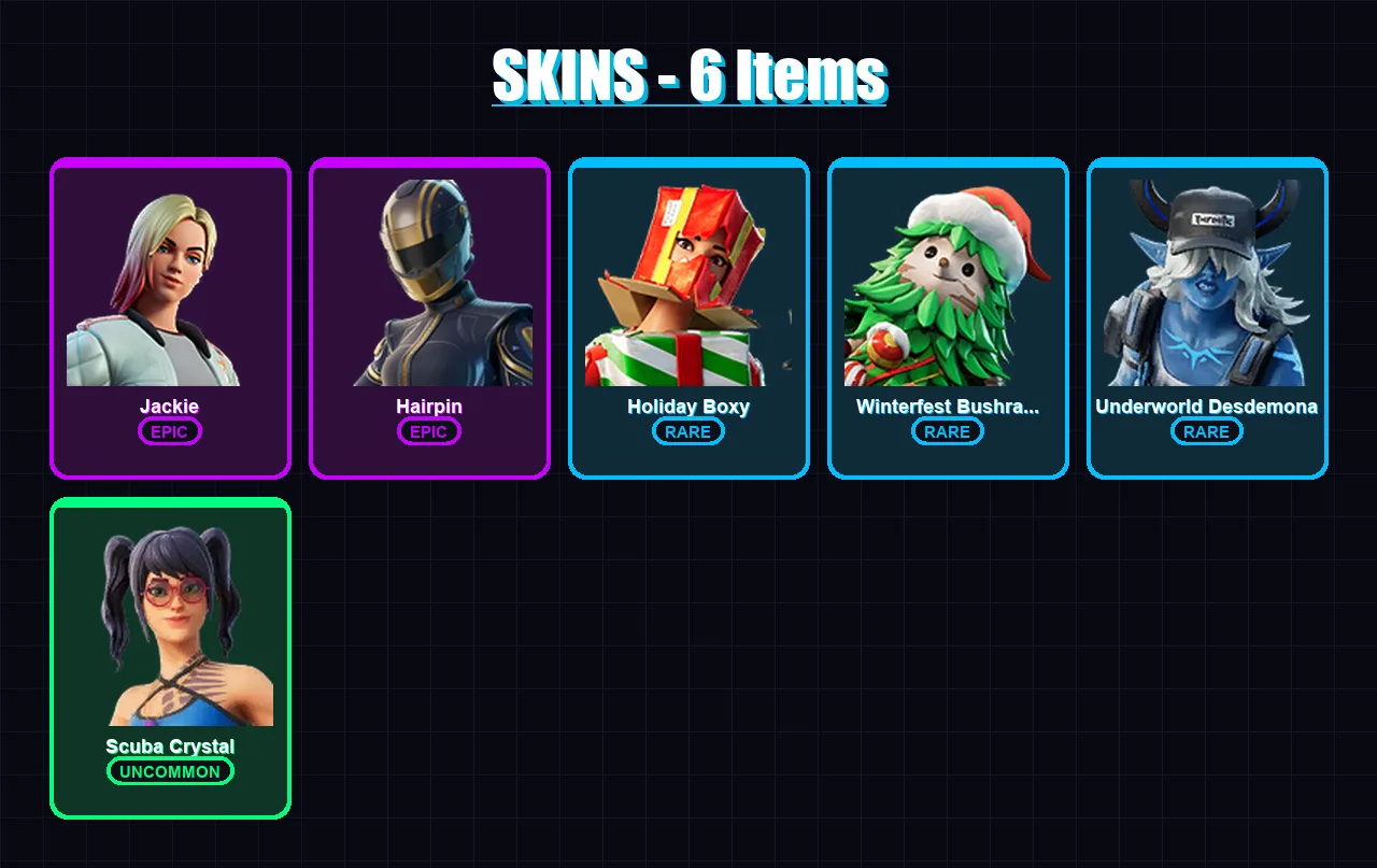 [PC/XBOX/PSN] | Jackie | Hairpin | Holiday Boxy | Winterfest Bushranger | Underworld Desdemona | 6 skin | 11 pickaxe | 5 emote | 12 glider | Lv207