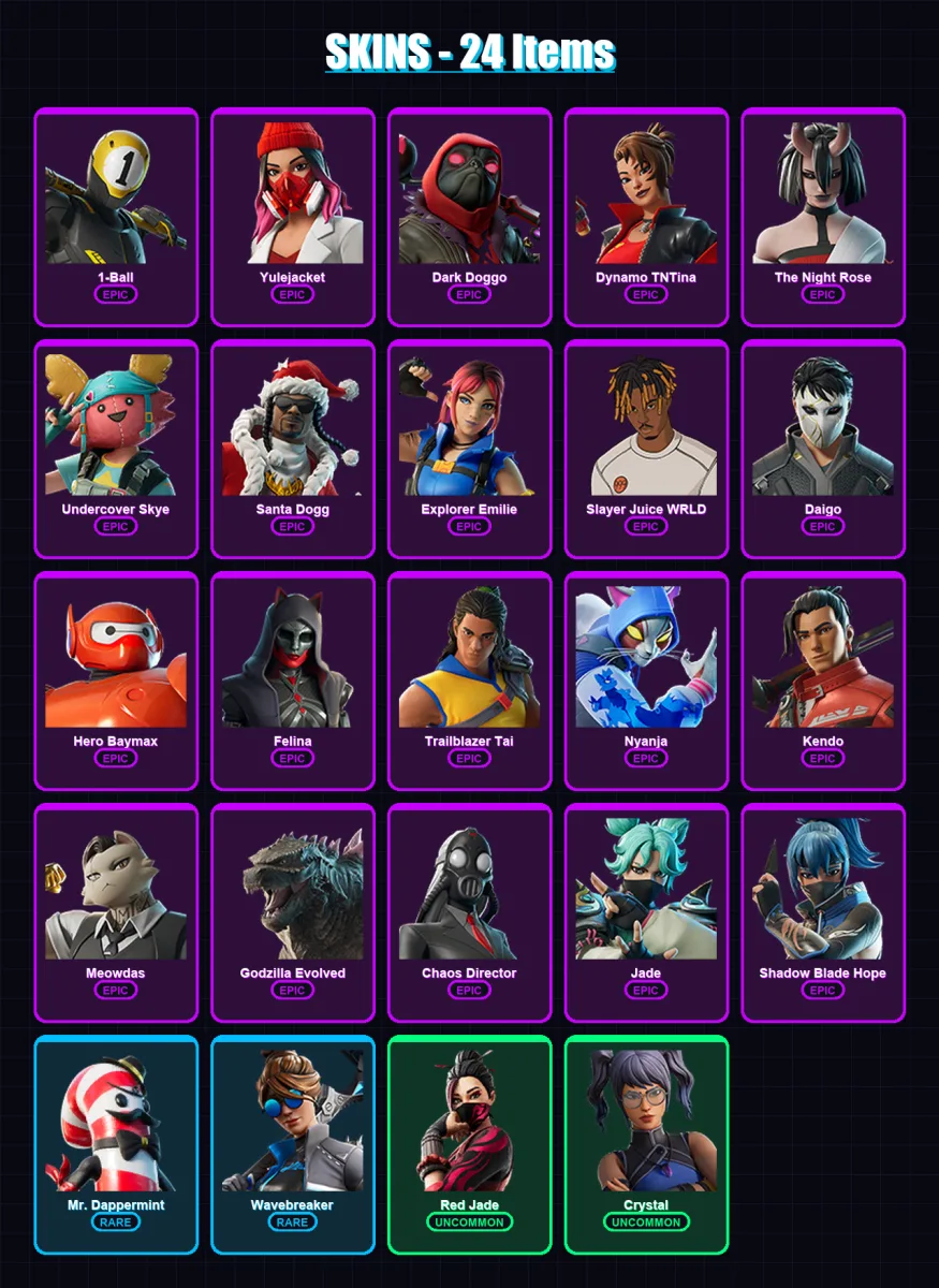 [PC/PSN] | 1-Ball | Yulejacket | Dark Doggo | Dynamo TNTina | The Night Rose | 24 skin | 49 pickaxe | 28 emote | 34 glider | Lv583