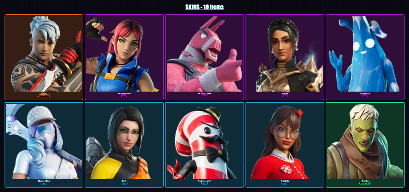 [PC/XBOX/PSN] | Ronin | Explorer Emilie | Lt. John Llama | Shanta | Polar Peely | 10 skin | 17 pickaxe | 12 emote | 16 glider | Lv255