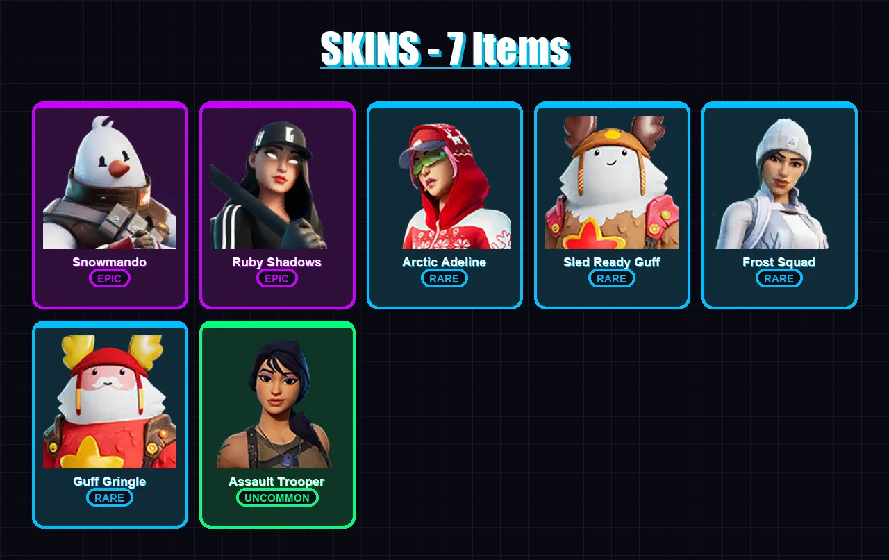 [PC/XBOX/PSN] | Snowmando | Ruby Shadows | Arctic Adeline | Sled Ready Guff | Frost Squad | 7 skin | 20 pickaxe | 21 emote | 24 glider | Lv680