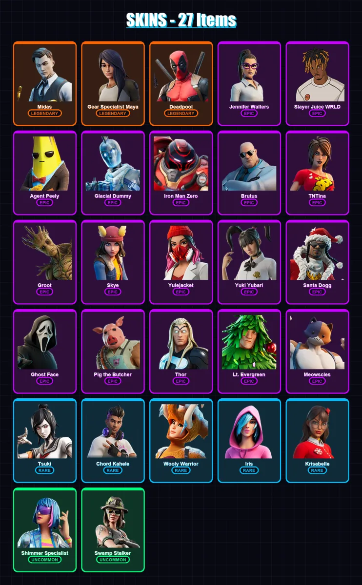 [PC/XBOX] | Midas | Gear Specialist Maya | Deadpool | Jennifer Walters | Slayer Juice WRLD | 27 skin | 78 pickaxe | 56 emote | 59 glider | Lv1049 — Fortnite account