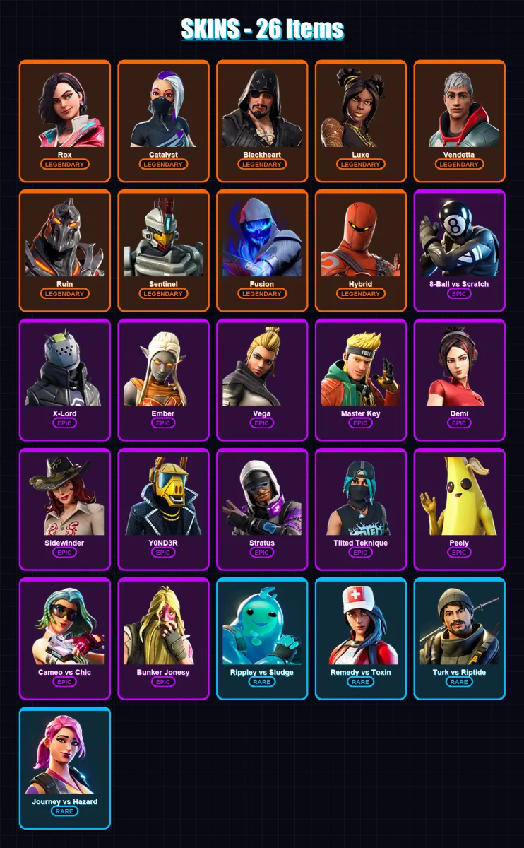 [PS4/PS5/XBOX/PC] | Rox | Catalyst | Blackheart | Luxe | Vendetta | 26 skin | 24 pickaxe | 32 emote | 28 glider | Lv341