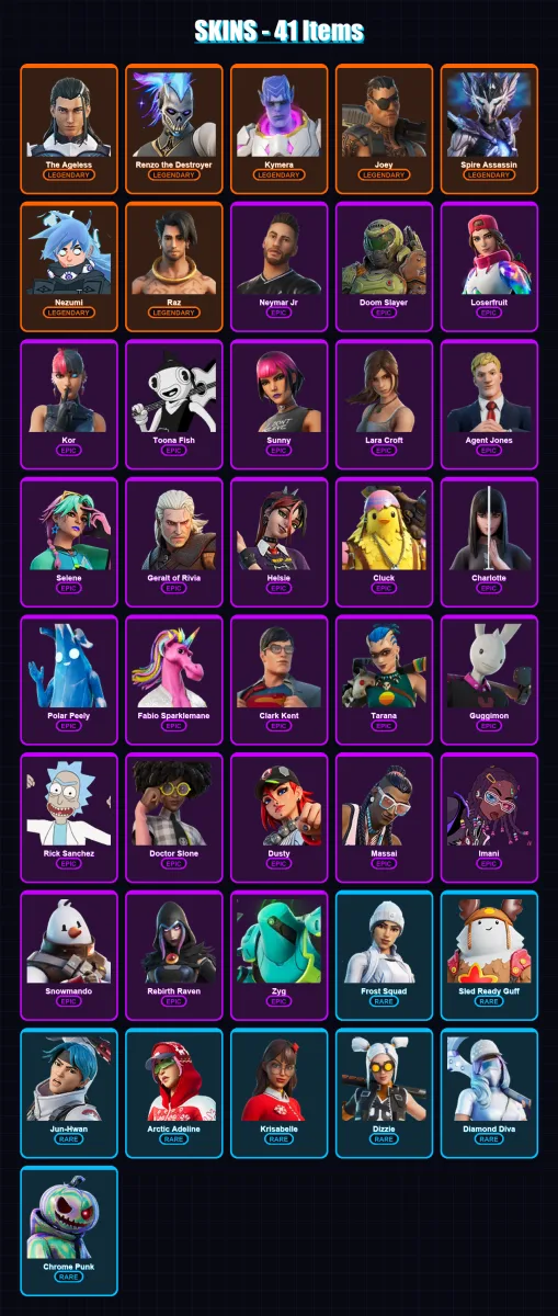 [PC/XBOX/PSN] | The Ageless | Renzo the Destroyer | Kymera | Joey | Spire Assassin | 41 skin | 62 pickaxe | 60 emote | 61 glider | Lv1314 — Fortnite account