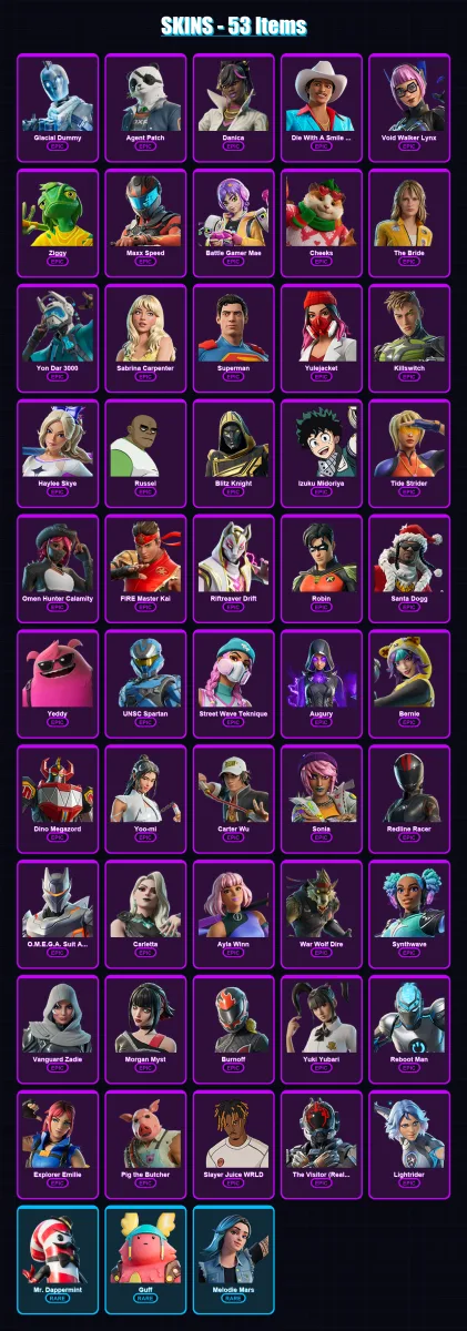[PC/XBOX] | Glacial Dummy | Agent Patch | Danica | Die With A Smile Bruno | Void Walker Lynx | 53 skin | 93 pickaxe | 53 emote | 51 glider | Lv596