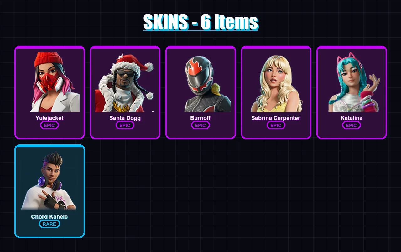 [PC/XBOX] | Yulejacket | Santa Dogg | Burnoff | Sabrina Carpenter | Katalina | 6 skin | 29 pickaxe | 11 emote | 11 glider | Lv132