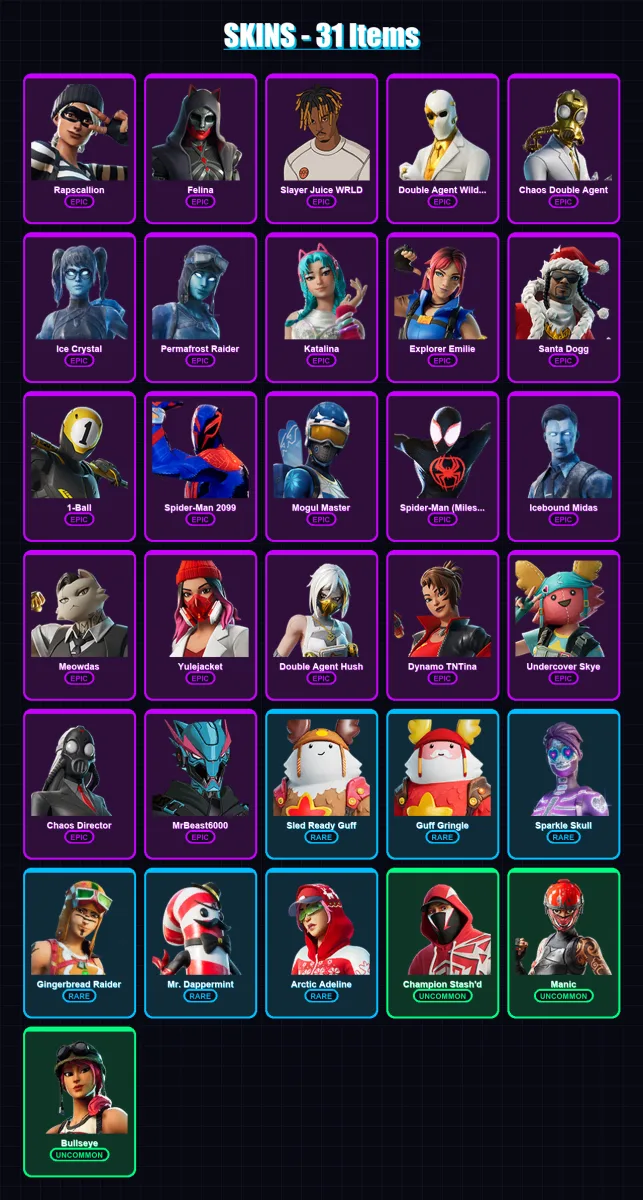 [PC/XBOX/PSN] | Rapscallion | Felina | Slayer Juice WRLD | 31 skin | Lv302 — Fortnite account
