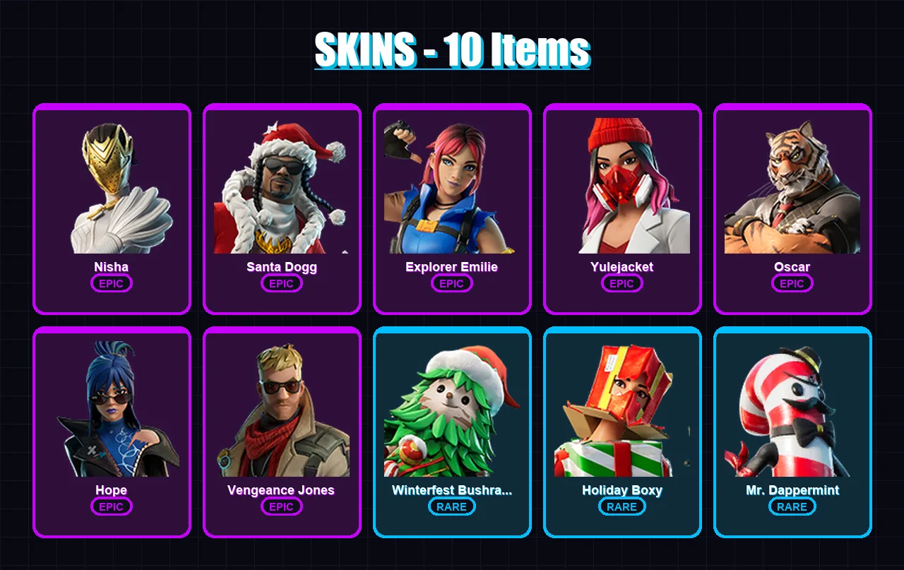 [PC/XBOX/PSN] | Nisha | Santa Dogg | Explorer Emilie | Yulejacket | Oscar | 10 skin | 25 pickaxe | 7 emote | 15 glider | Lv164