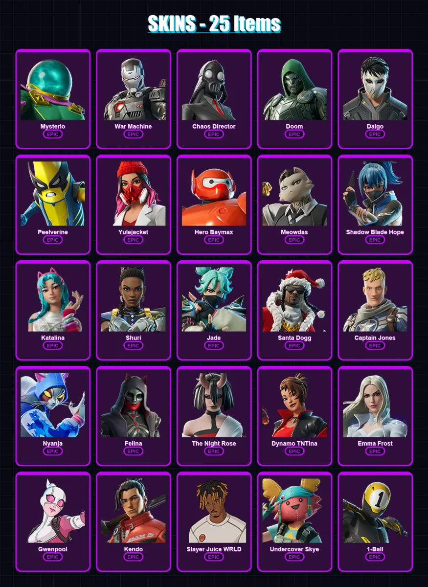 [PS4/PS5/XBOX/PC] | Mysterio | War Machine | Chaos Director | Doom | Daigo | 25 skin | 43 pickaxe | 33 emote | 33 glider | Lv609