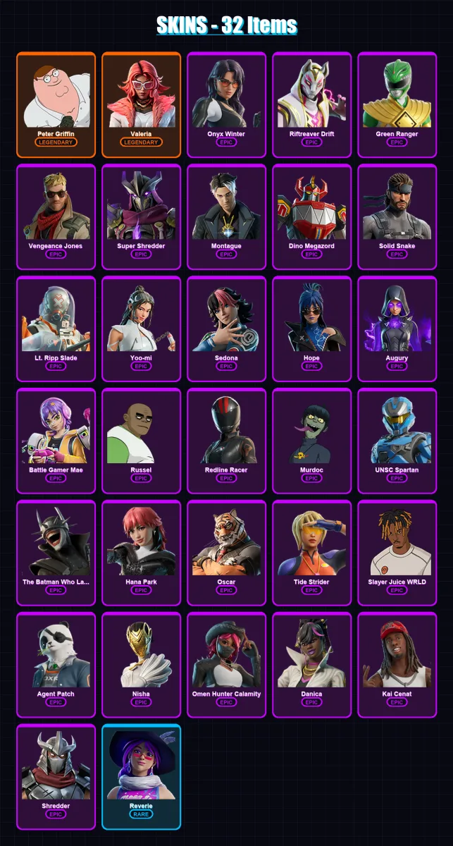 [PC/PSN] | Peter Griffin | Valeria | Onyx Winter | Riftreaver Drift | Green Ranger | 32 skin | 54 pickaxe | 32 emote | 29 glider | Lv334