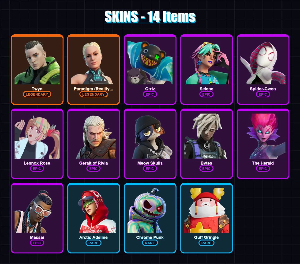 [PC/XBOX/PSN] | Twyn | Paradigm (Reality-659) | Grriz | Selene | Spider-Gwen | 14 skin | 18 pickaxe | 13 emote | 16 glider | Lv180 — Fortnite account