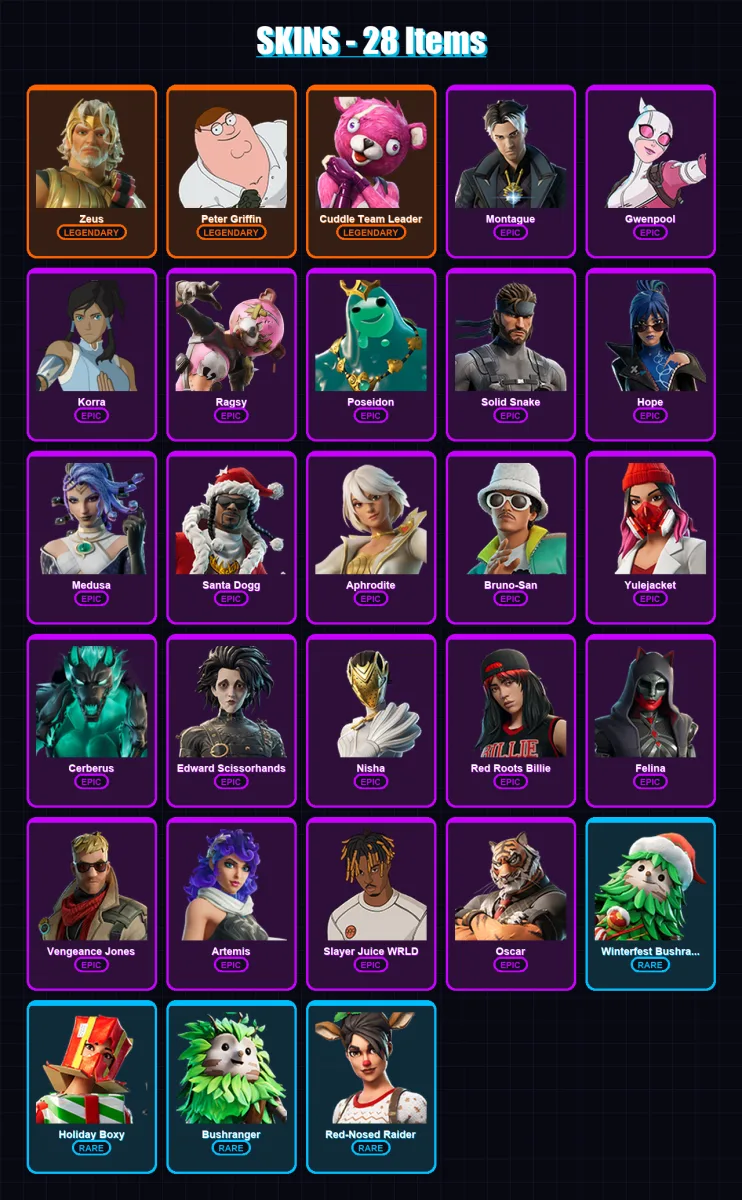 [PC/XBOX] | Zeus | Peter Griffin | Cuddle Team Leader | Montague | Gwenpool | 28 skin | 61 pickaxe | 25 emote | 36 glider | Lv479