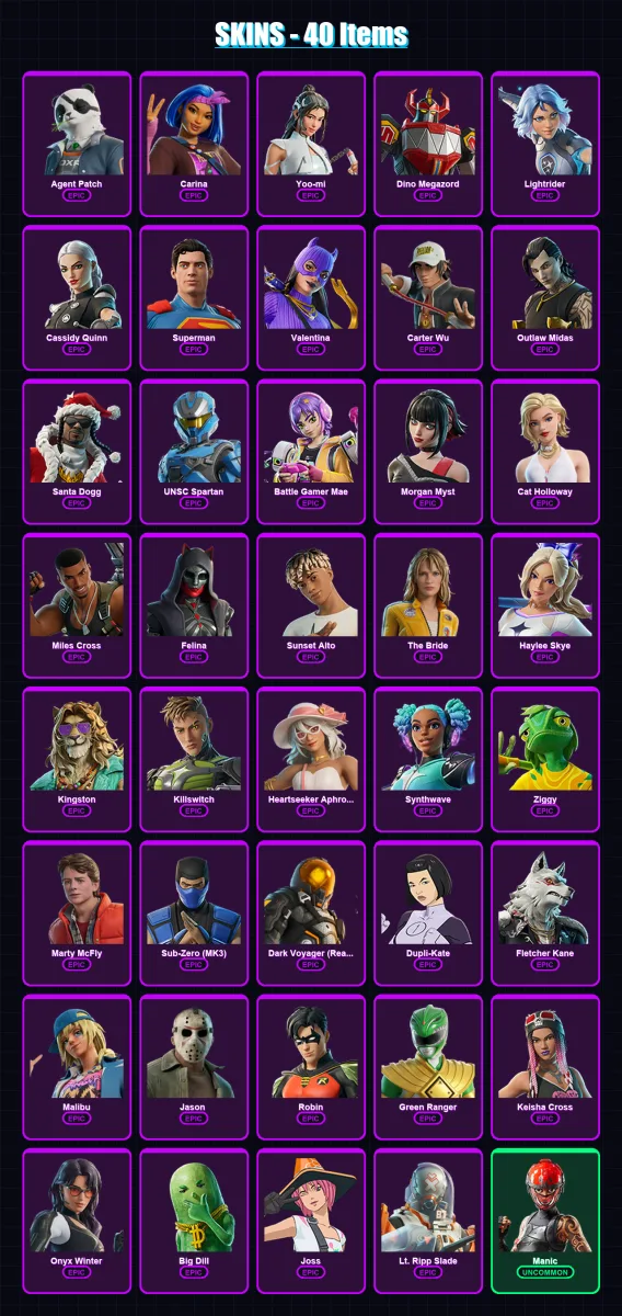 [PC/XBOX/PSN] | Agent Patch | Carina | Yoo-mi | Dino Megazord | Lightrider | 40 skin | 117 pickaxe | 58 emote | 76 glider | Lv2417