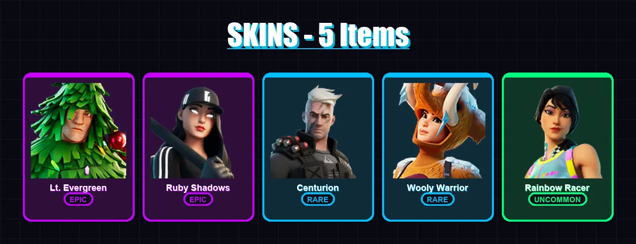 [SWITCH/XBOX/PSN/PC] | Lt. Evergreen | Ruby Shadows | Centurion | Wooly Warrior | Rainbow Racer | 5 skin | 10 pickaxe | 14 emote | 15 glider | Lv270