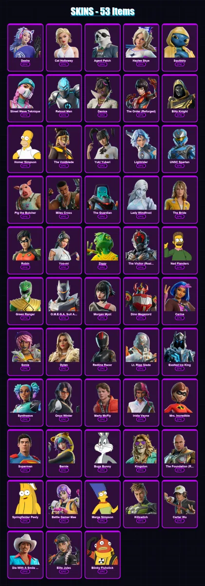[PC/XBOX/PSN] | Dasha | Cat Holloway | Agent Patch | Haylee Skye | Squibbly | 53 skin | 82 pickaxe | 51 emote | 56 glider | Lv615