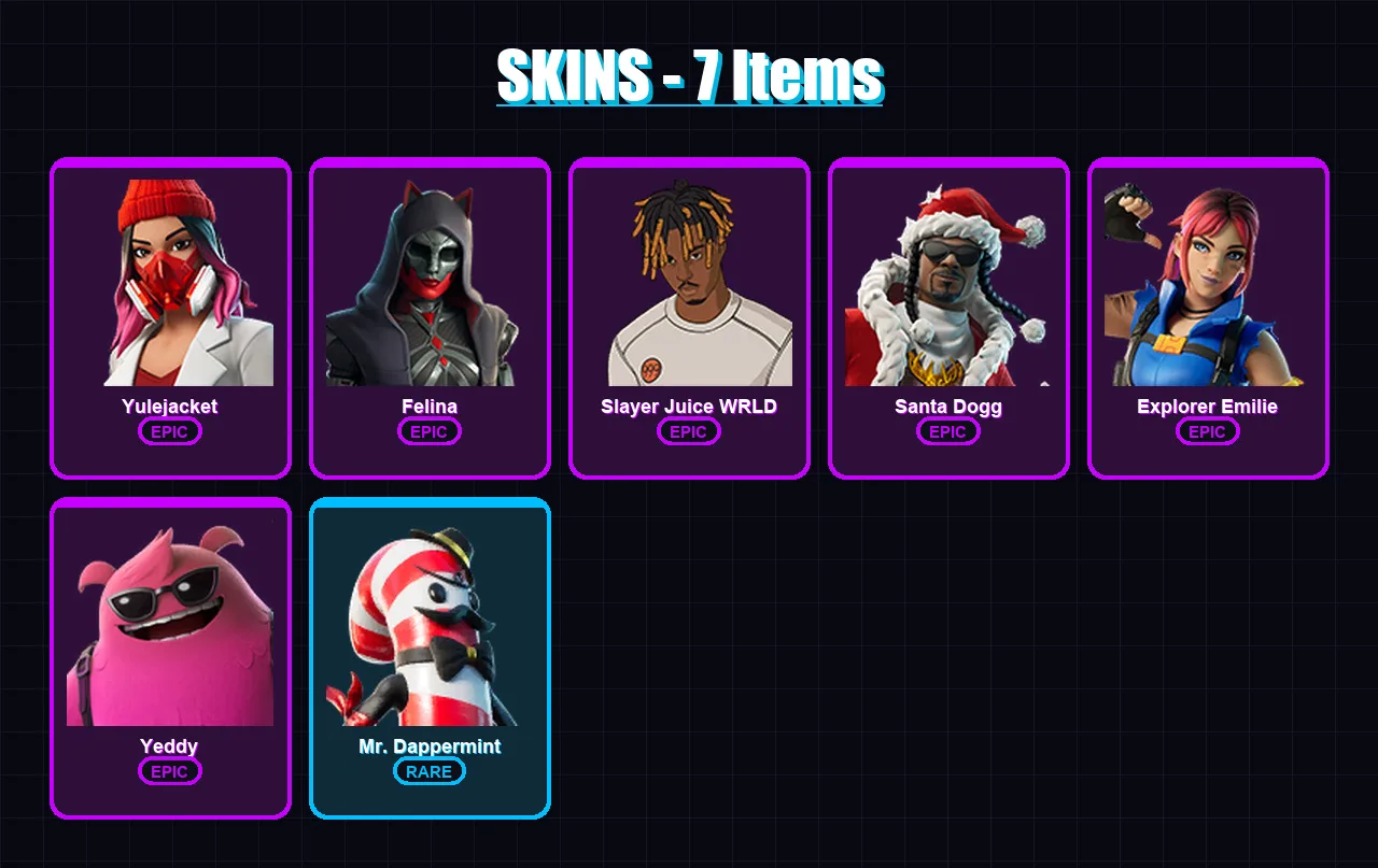 [PC/XBOX] | Yulejacket | Felina | Slayer Juice WRLD | Santa Dogg | Explorer Emilie | 7 skin | 23 pickaxe | 8 emote | 16 glider | Lv218