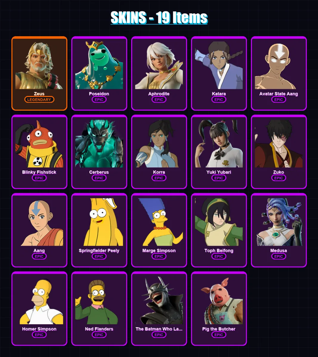 [PS4/PS5/XBOX/PC] | Zeus | Poseidon | Aphrodite | Katara | Avatar State Aang | 19 skin | 30 pickaxe | 19 emote | 20 glider | Lv242 — Fortnite account