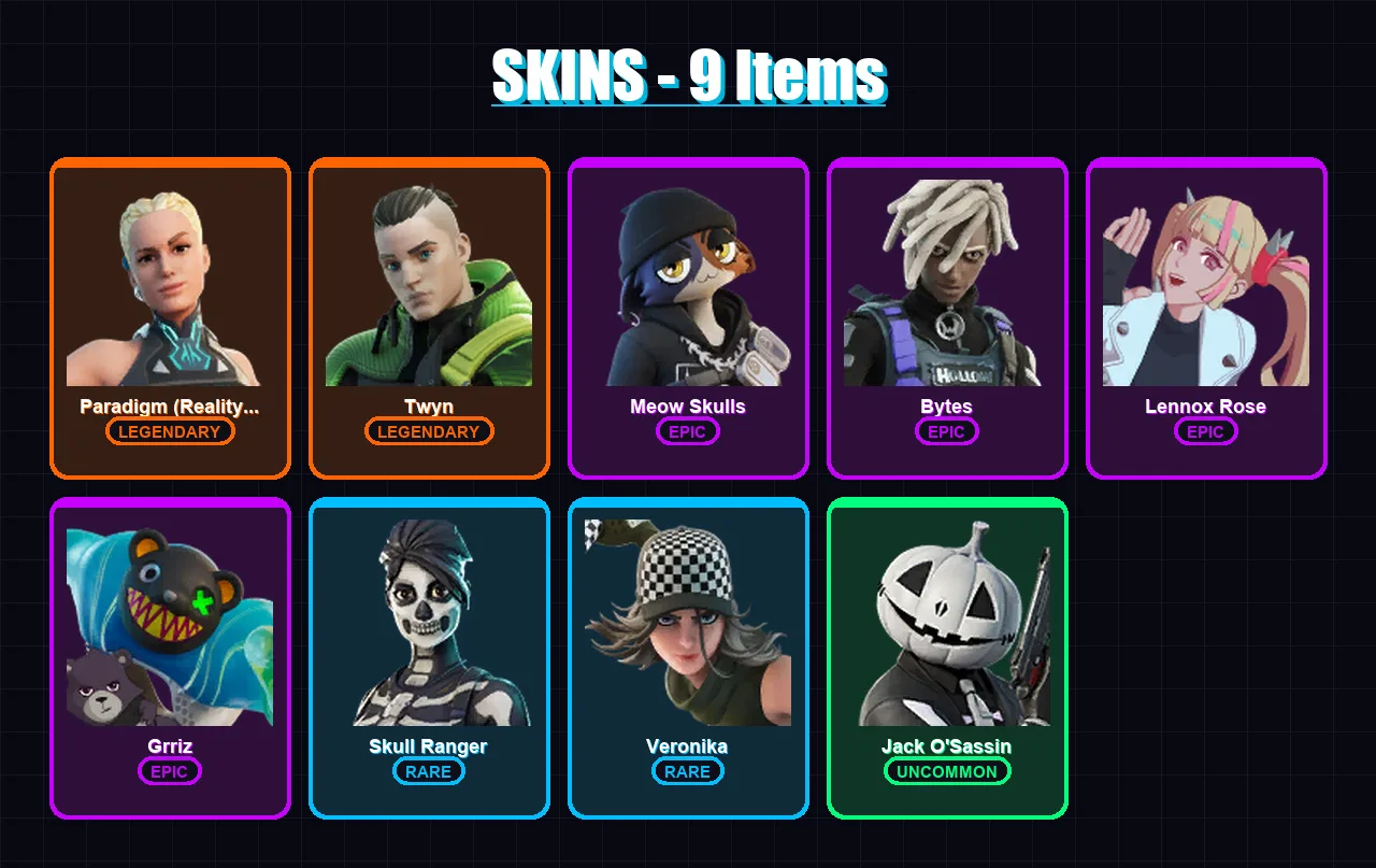 [PC/XBOX] | Paradigm (Reality-659) | Twyn | Meow Skulls | Bytes | Lennox Rose | 9 skin | 13 pickaxe | 11 emote | 13 glider | Lv142