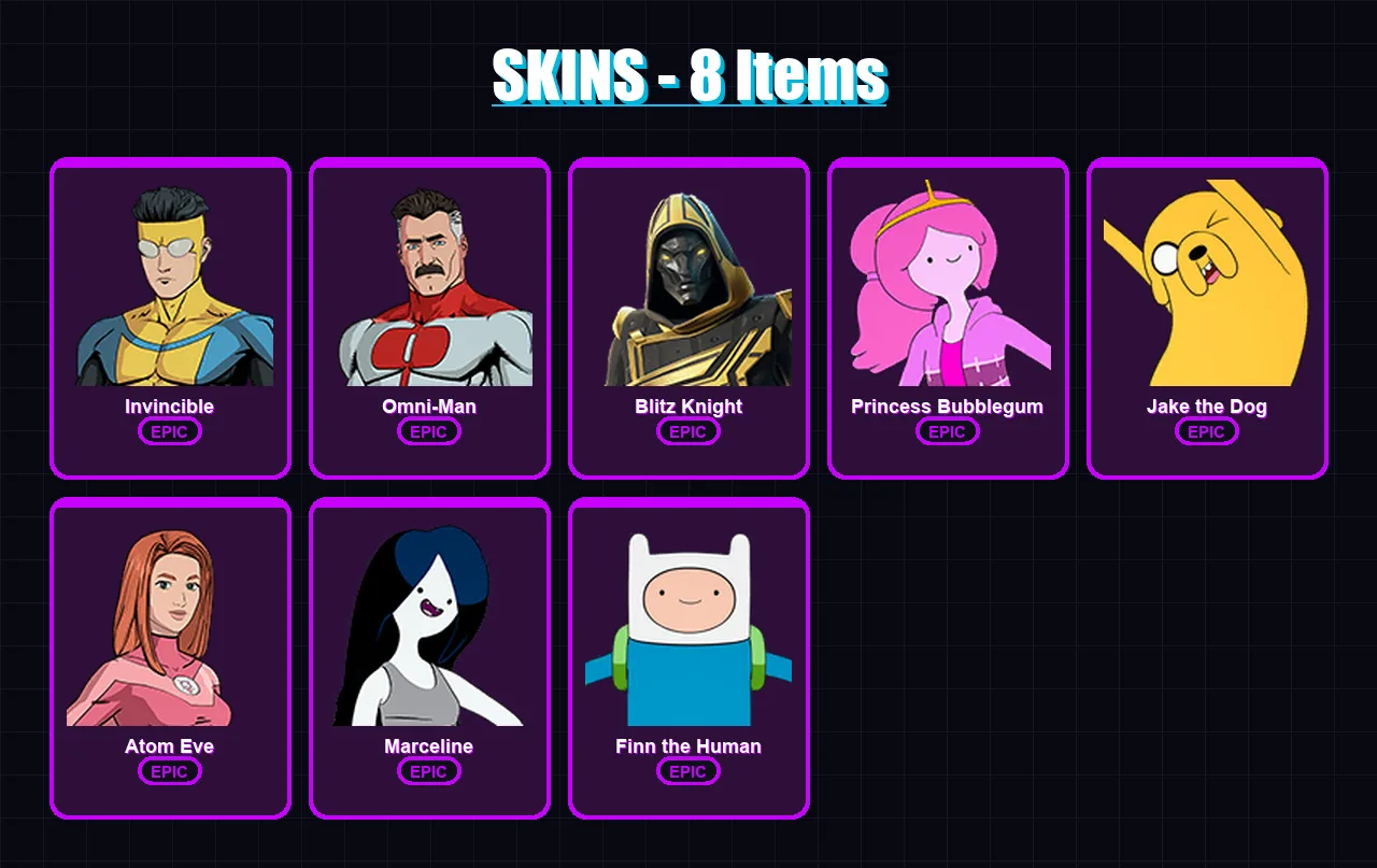 [SWITCH/XBOX/PSN/PC] | Invincible | Omni-Man | Blitz Knight | Princess Bubblegum | Jake the Dog | 8 skin | 24 pickaxe | 10 emote | 17 glider | Lv212