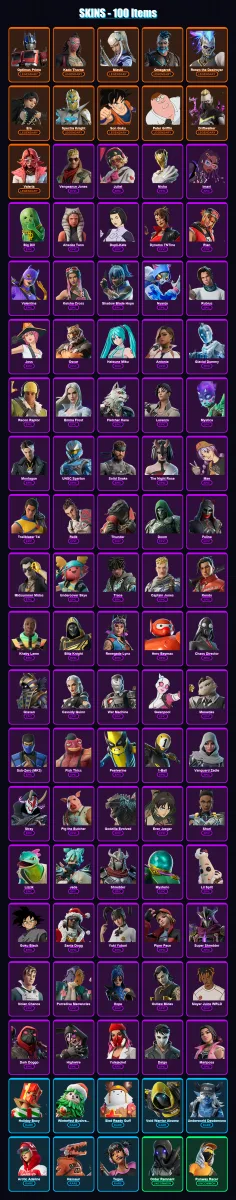 [PS4/PS5/XBOX/PC] | Optimus Prime | Kado Thorne | Mizuki | Omegarok | Renzo the Destroyer | 100 skin | 173 pickaxe | 122 emote | 119 glider | Lv2034