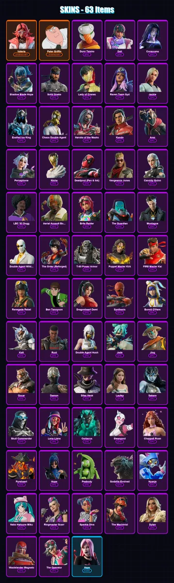 [PC/XBOX/PSN] | Valeria | Peter Griffin | Durrr Taisho | Dali | Corascana | 63 skin | 61 pickaxe | 32 emote | 35 glider | Lv313