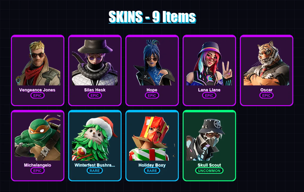 [PC/XBOX/PSN] | Vengeance Jones | Silas Hesk | Hope | Lana Llane | Oscar | 9 skin | 11 pickaxe | 5 emote | 8 glider | Lv66