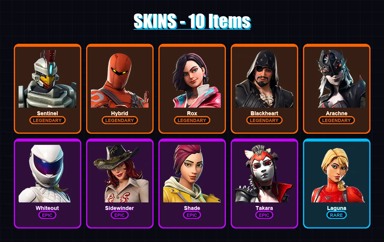 [PC/XBOX/PSN] | Sentinel | Hybrid | Rox | Blackheart | Arachne | 10 skin | 8 pickaxe | 12 emote | 8 glider | Lv71