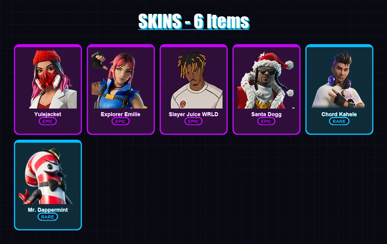 [PC/XBOX/PSN] | Yulejacket | Explorer Emilie | Slayer Juice WRLD | Santa Dogg | Chord Kahele | 6 skin | 17 pickaxe | 6 emote | 9 glider | Lv62
