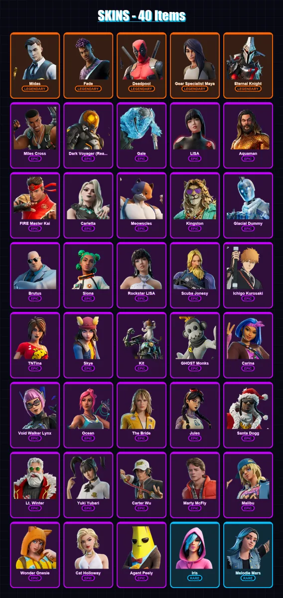 [PS4/PS5/PC] | Midas | Fade | Deadpool | Gear Specialist Maya | Eternal Knight | 40 skin | 52 pickaxe | 49 emote | 40 glider | Lv490