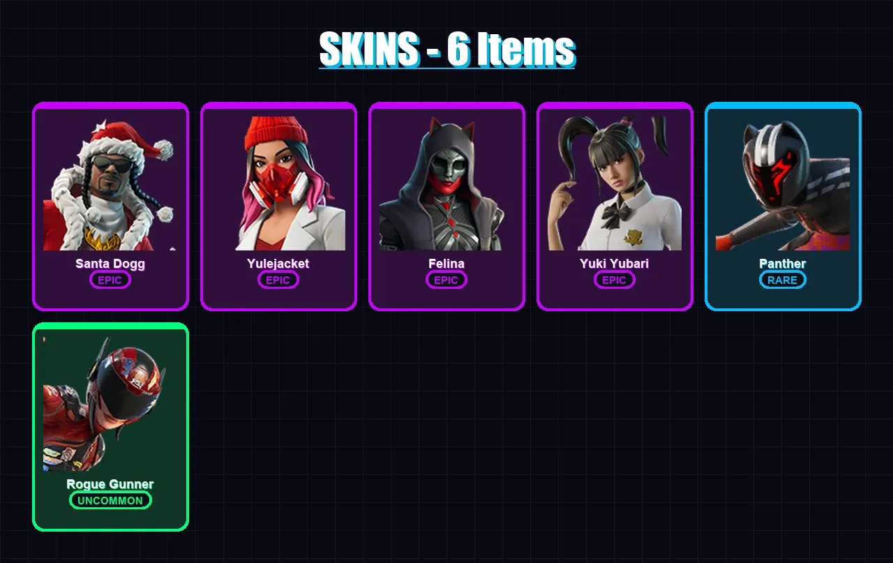 [PC/PSN] | Santa Dogg | Yulejacket | Felina | Yuki Yubari | Panther | 6 skin | 55 pickaxe | 19 emote | 35 glider | Lv870