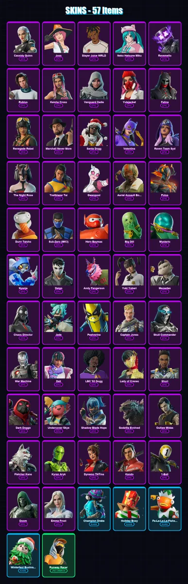 [PC/PSN] | Cassidy Quinn | Joss | Slayer Juice WRLD | Neko Hatsune Miku | Ravemello | 57 skin | 116 pickaxe | 87 emote | 81 glider | Lv1842