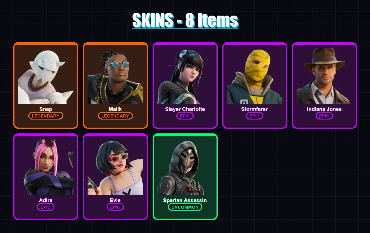 [PC/XBOX/PSN] | Snap | Malik | Slayer Charlotte | Stormfarer | Indiana Jones | 8 skin | 13 pickaxe | 8 emote | 12 glider | Lv118
