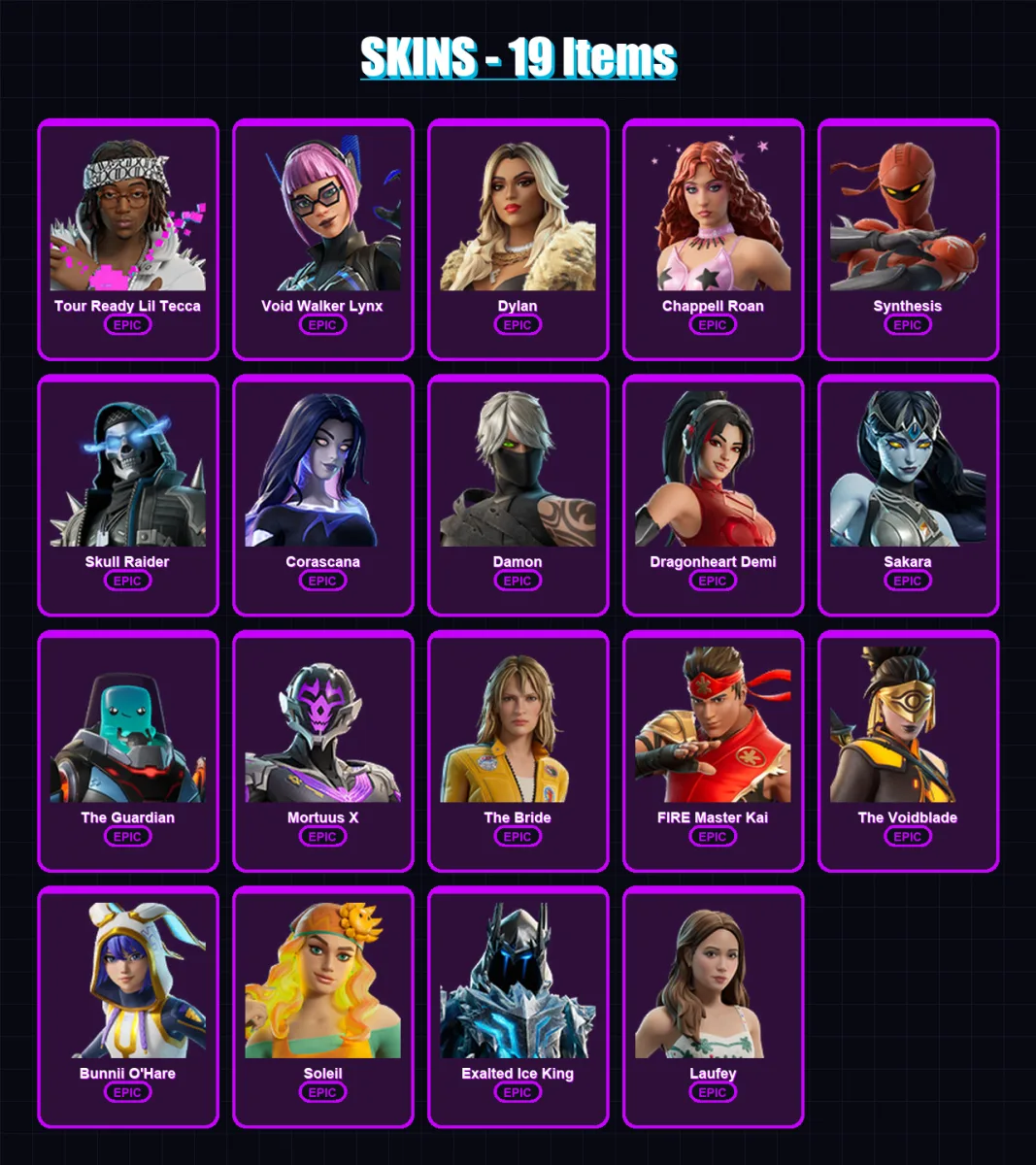 [PC/PSN] | Tour Ready Lil Tecca | Void Walker Lynx | Dylan | Chappell Roan | Synthesis | 19 skin | 10 pickaxe | 3 emote | 3 glider | Lv5