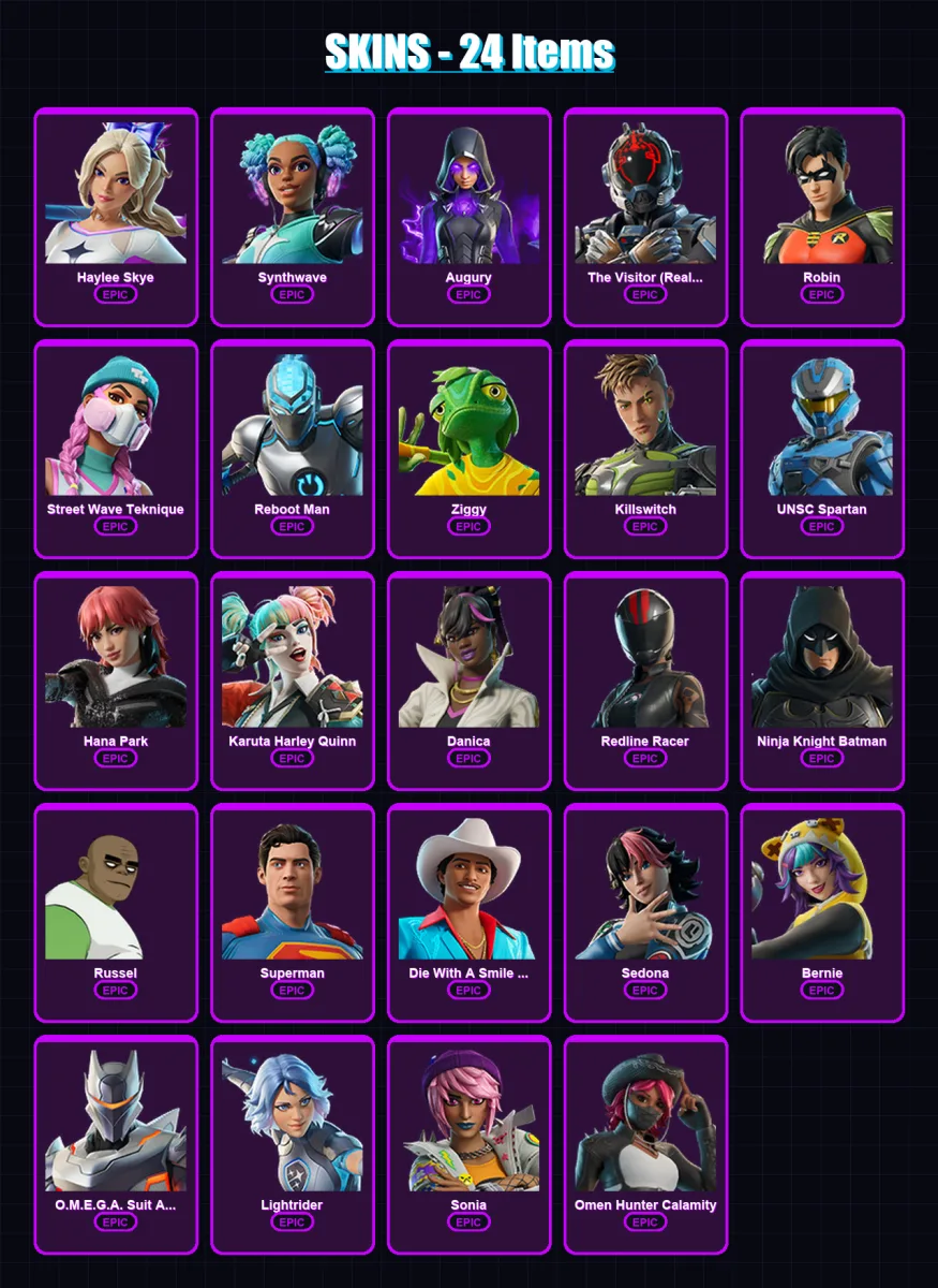 [PC/XBOX/PSN] | Haylee Skye | Synthwave | Augury | The Visitor (Reality Unknown) | Robin | 24 skin | 31 pickaxe | 20 emote | 20 glider | Lv118