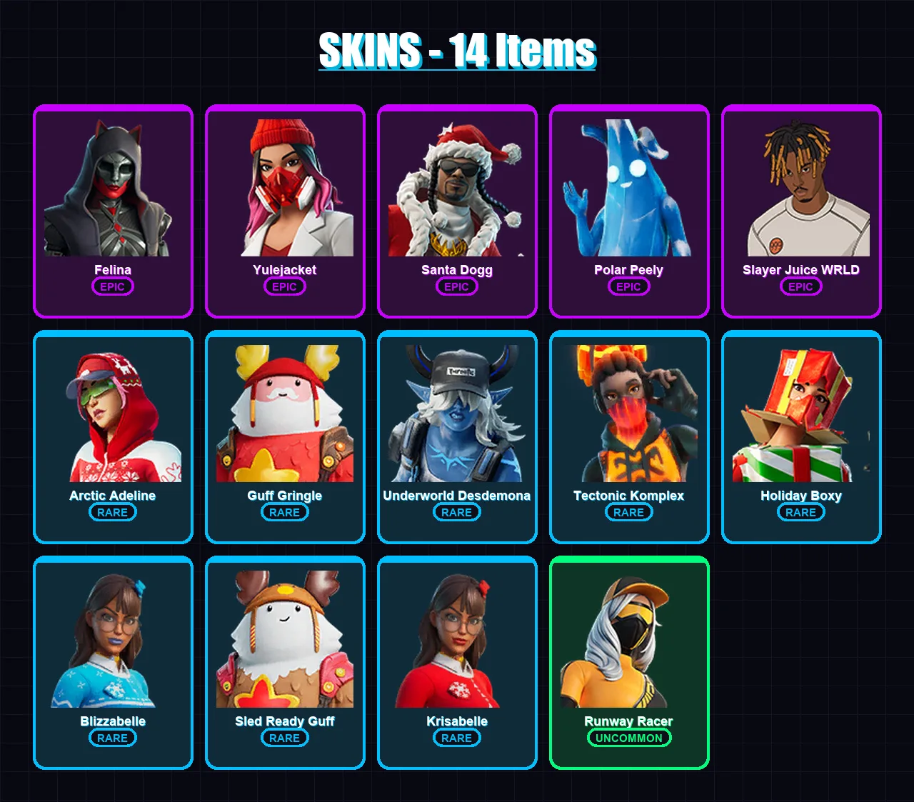 [PC/XBOX/PSN] | Felina | Yulejacket | Santa Dogg | Polar Peely | Slayer Juice WRLD | 14 skin | 54 pickaxe | 34 emote | 39 glider | Lv968