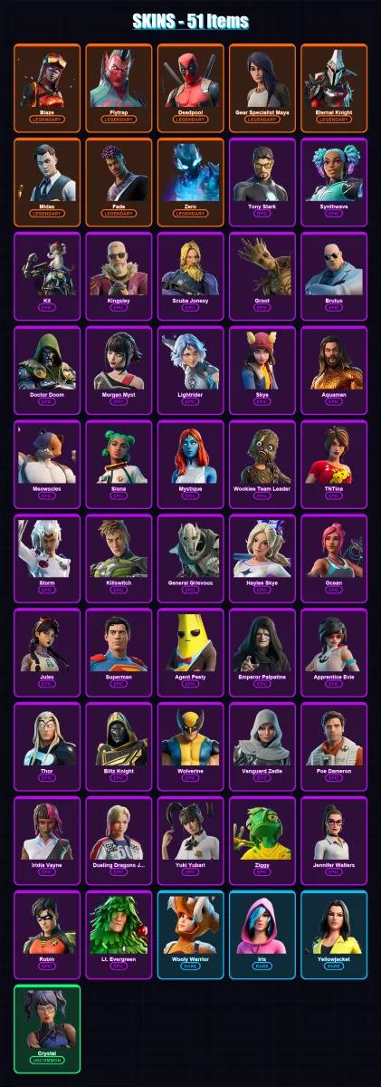 [PS4/PS5/XBOX/PC] | Blaze | Flytrap | Deadpool | Gear Specialist Maya | Eternal Knight | 51 skin | 95 pickaxe | 63 emote | 74 glider | Lv1077
