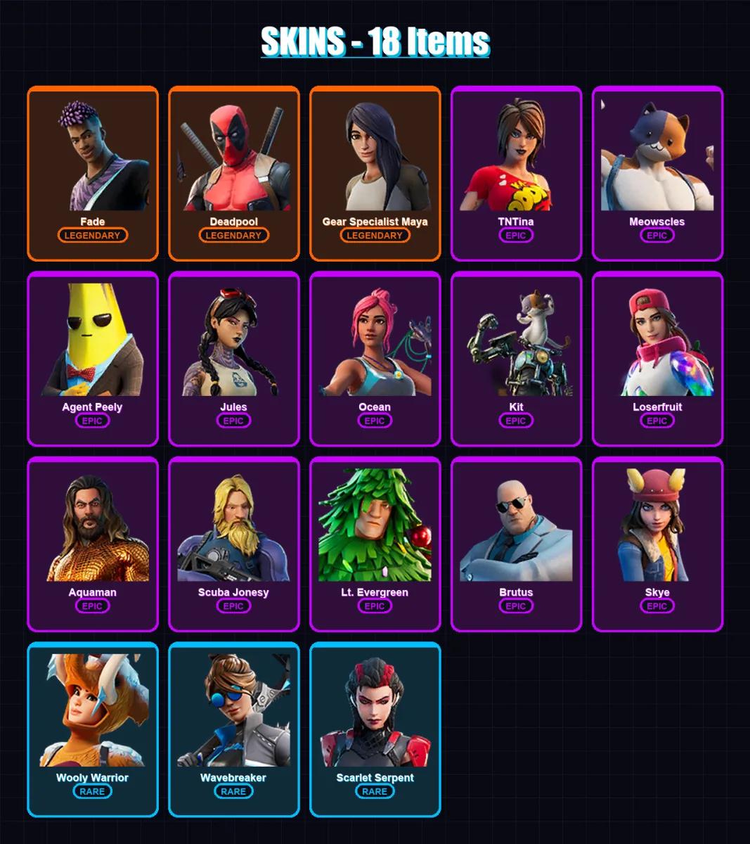 [PS4/PS5/XBOX/PC] | Fade | Deadpool | Gear Specialist Maya | TNTina | Meowscles | 18 skin | 20 pickaxe | 18 emote | 22 glider | Lv299