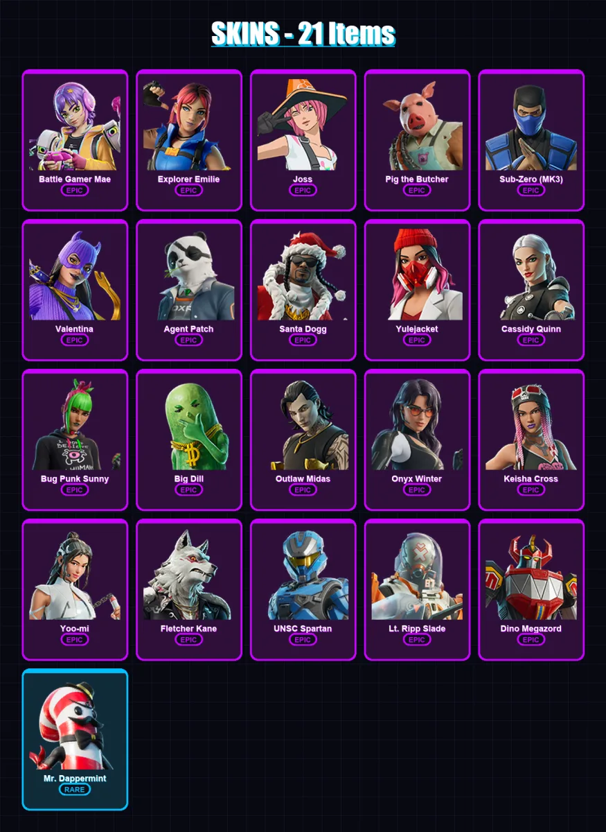 [PS4/PS5/XBOX/PC] | Battle Gamer Mae | Explorer Emilie | Joss | Pig the Butcher | Sub-Zero (MK3) | 21 skin | 54 pickaxe | 32 emote | 32 glider | Lv4