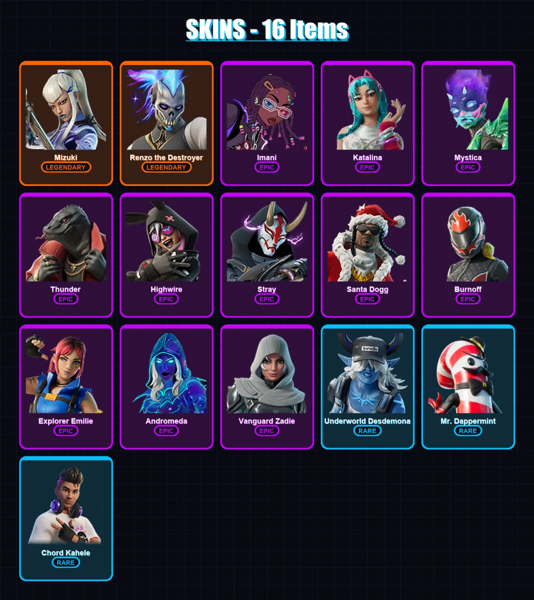 [PC/XBOX/PSN] | Mizuki | Renzo the Destroyer | Imani | Katalina | Mystica | 16 skin | 48 pickaxe | 25 emote | 39 glider | Lv457