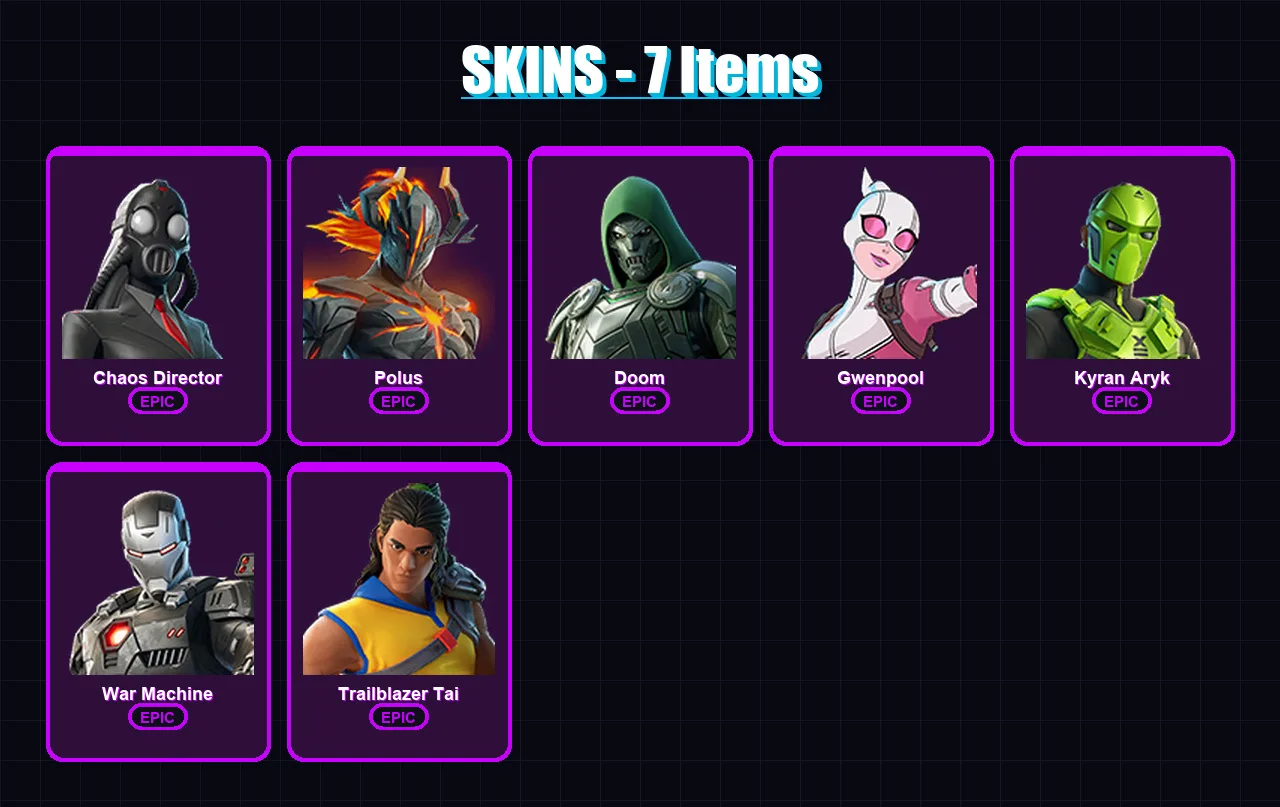 [PC/PSN] | Chaos Director | Polus | Doom | Gwenpool | Kyran Aryk | 7 skin | 11 pickaxe | 6 emote | 9 glider | Lv42