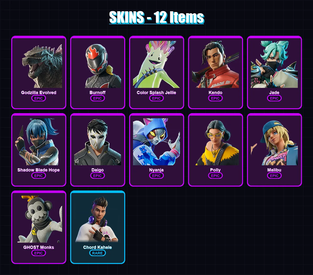 [PC/XBOX/PSN] | Godzilla Evolved | Burnoff | Color Splash Jellie | Kendo | Jade | 12 skin | 22 pickaxe | 12 emote | 20 glider | Lv101