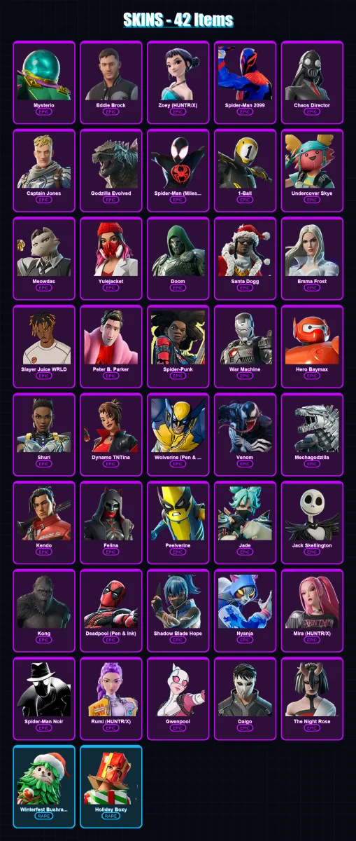[PC/PSN] | Mysterio | Eddie Brock | Zoey (HUNTR/X) | Spider-Man 2099 | Chaos Director | 42 skin | 74 pickaxe | 44 emote | 39 glider | Lv453 — Fortnite account